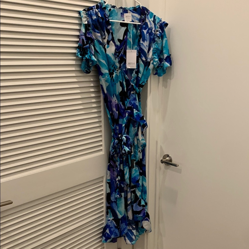 Misa Los Angeles Blue and White High Low Dress